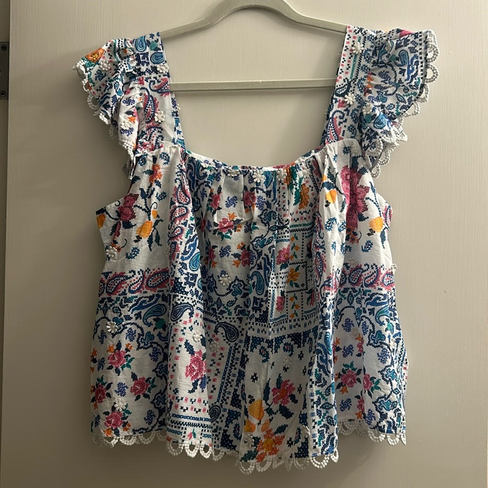 Farm Rio Off-White Romantic Bandanas Blouse NWOT